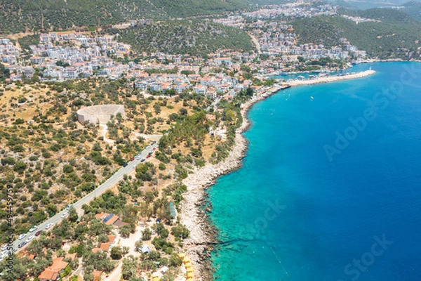 Fototapeta aerial view to sea coast in city Cas with view to ancient theatre in Turkey