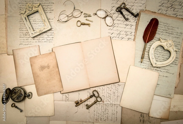 Fototapeta open book, vintage accessories, old letters and documents