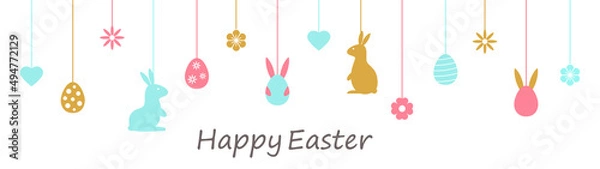 Fototapeta Happy Easter banner with color hanging baubles. Holiday background with bunny, eggs, flowers, hearts icons. Spring pattern. Festive cartoon border. Greeting frame. Vector illustration