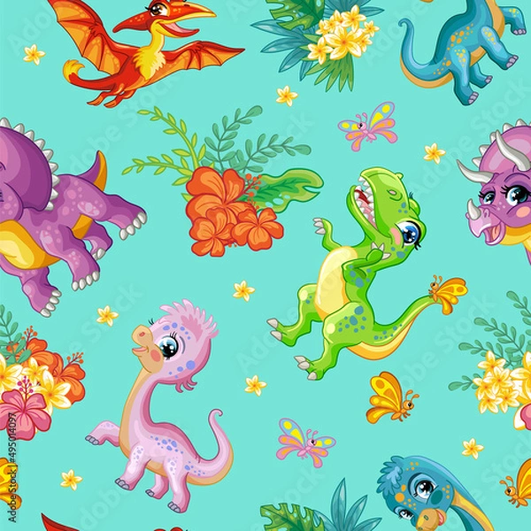 Fototapeta Seamless tropical pattern with cute dinosaurs vector