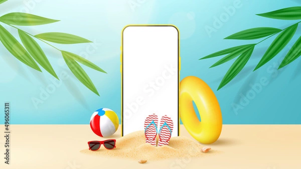 Fototapeta Summer ad banner template. Bright banner with phone, tropical plants, sand, sunglasses, flip flops, inflatable ring and ball. Vector 3d ad illustration for promotion of summer goods.