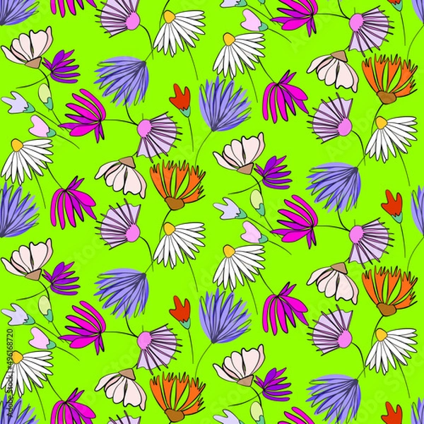 Fototapeta Vector seamless half-drop pattern, with  flowers