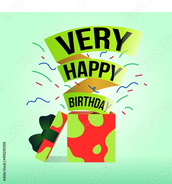 Fototapeta birthday card with ribbon and lettering. Holiday gift. fun party. Graphic vector illustration flat style