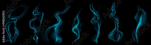 Fototapeta Set of several realistic transparent light blue smokes or steam, for use on dark background. Transparency only in vector format