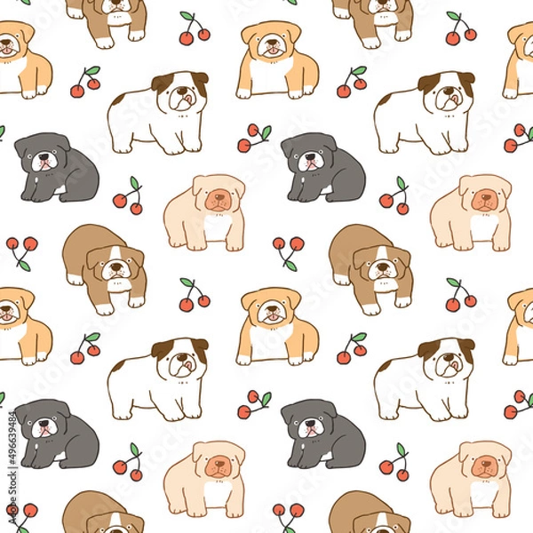 Fototapeta Seamless Pattern with Cartoon Bulldog and Cherry Design on White Background