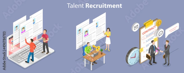 Fototapeta 3D Isometric Flat Vector Conceptual Illustration of Talent Recruitment Agency, Employee Searching and Hiring