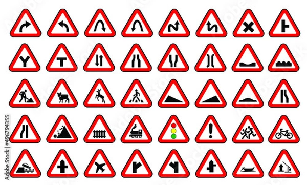 Fototapeta Collection of traffic, work, safety, harmful road safety signs. Safety alerts or indications. 