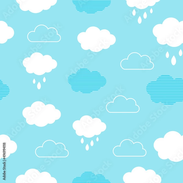 Fototapeta Seamless pattern background with white fluffy cartoon clouds on light blue sky. Vector illustration for kids fabric or backdrop.