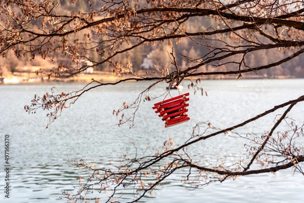 Fototapeta Bird house, red wooden feeder basket on a tree branch, lake Bled, Slovenia, Slovenija