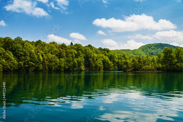 Fototapeta Forest and clouds with reflection in a calm lake