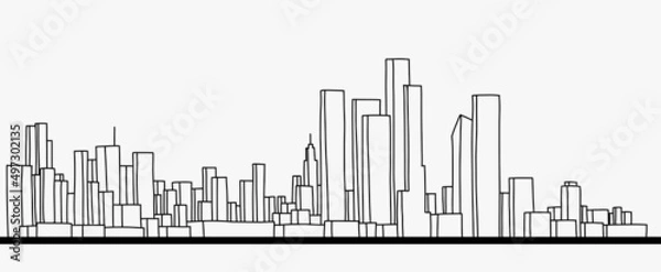 Fototapeta Modern cityscape skyline outline doodle drawing on white background.