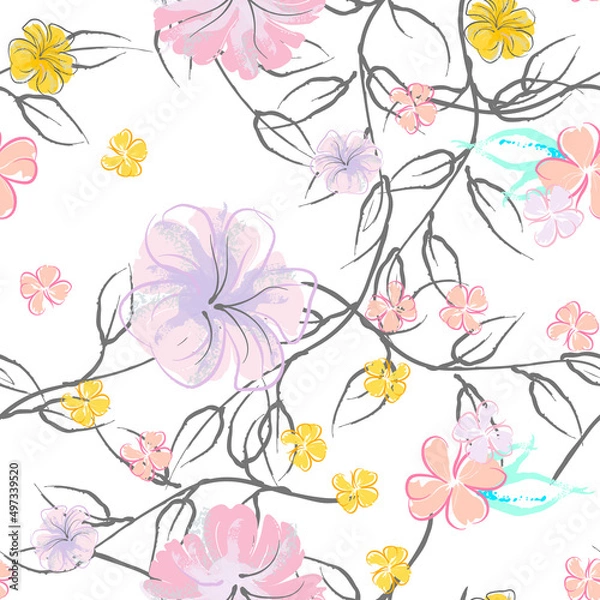 Fototapeta Pink Flowers Blooming Pattern. Pastel Watercolor.