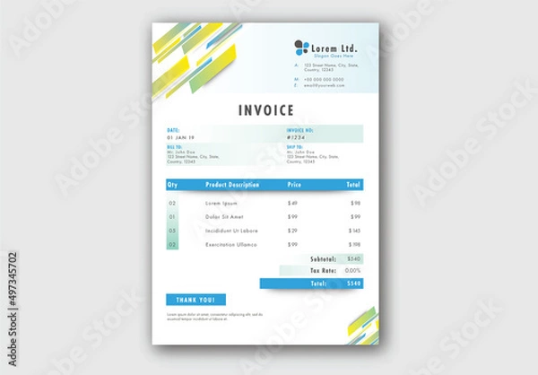 Fototapeta Invoice Form Layout in White and Blue Color