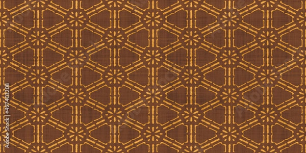 Fototapeta Seamless tribal ethnic earth tones batik surface design pattern on rough linen, a trendy contemporary tileable abstract geometric shibori textile for interior decor and fashion.