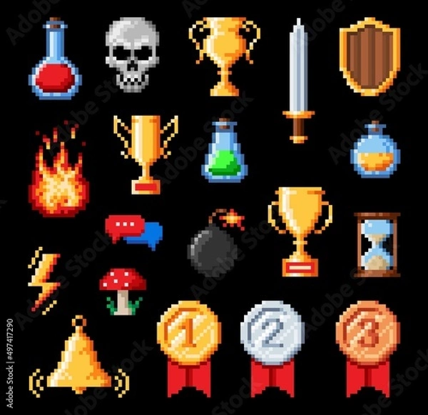 Obraz Retro pixel art vector icons of 8 bit game asset. Weapon, prize, medal and fire, timer, poison, skull and bomb icons, sword, trophy, shield, mushroom, potion interface icons or game ui objects