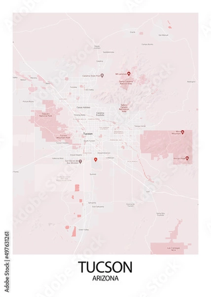 Fototapeta Poster Tucson - Arizona map. Road map. Illustration of Tucson - Arizona streets. Transportation network. Printable poster format.