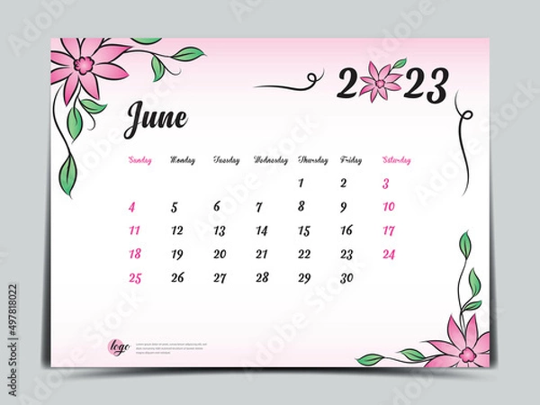 Fototapeta Calendar 2023 template on pink flowers background, June 2023 template, Monthly calendar planner artwork, Desk calendar 2023 design, Wall Calendar design, Poster, simple, vector eps10