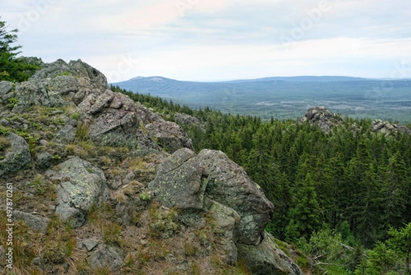 Obraz summer landscape with mountains and forest. old stones, slope rocks natural background. travel trip, journey, hiking, adventure, concept. National Park Taganay, Southern Ural, Russia