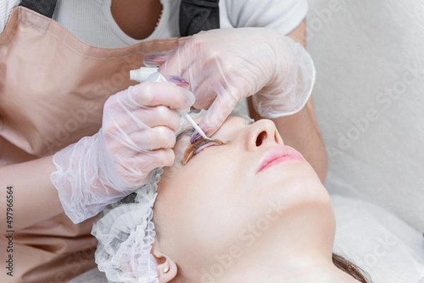 Fototapeta Master applies lamination glue to the clients eyelashes