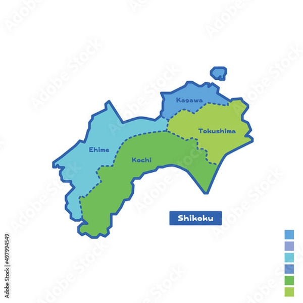 Fototapeta 日本の地域図・日本地図 四国地方 雨の日カラーで色分けしてみた（英語版）