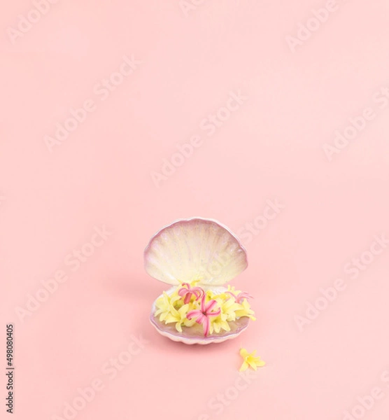 Fototapeta Beautiful seashell full of fresh hyacinth flowers on gray background. Concept of value of sea shell pearl and flowers. Symbol of wealthy life