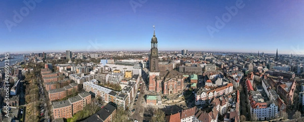 Fototapeta Hamburg sunset phase from top of the downtown city shape