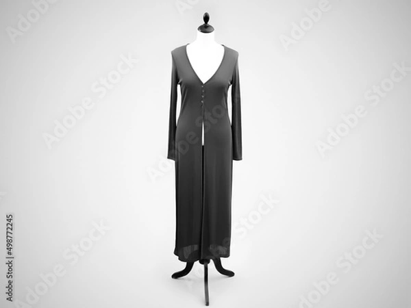 Fototapeta Full length female mannequin wearing gray long tunic cardigan isolated on gray background.