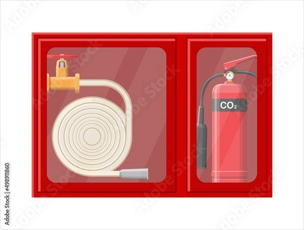 Fototapeta Flat illustration fire shield, fire cabinet, fire extinguisher, fire alarm.