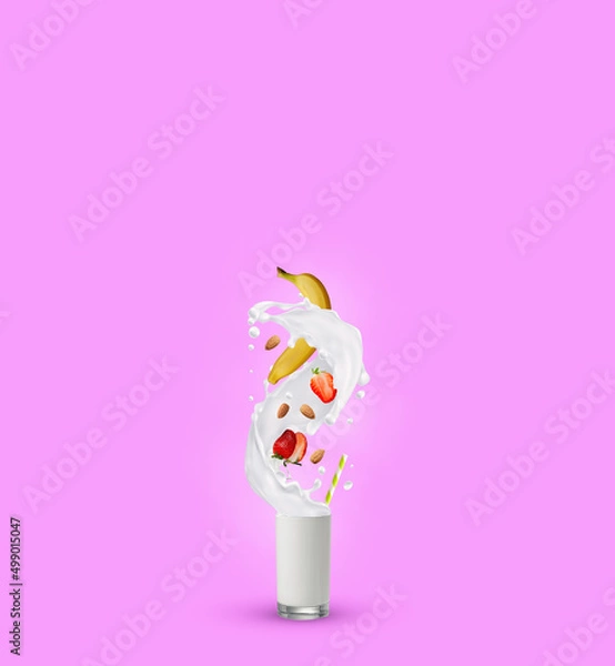 Fototapeta Cocktail banana strawberry with splash of milk-Glass-almond-pink background