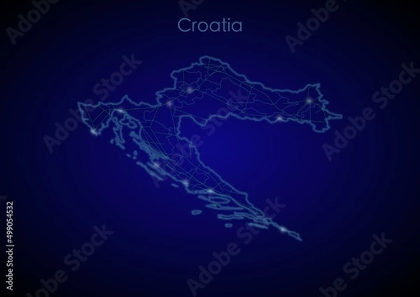 Fototapeta Croatia concept map with glowing cities and network covering the country, map of Croatia suitable for technology or innovation or internet concepts.