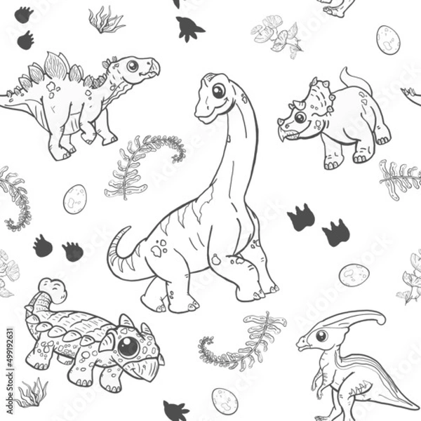 Fototapeta motivo en blanco y negro de dinosaurios herbívoros dulces y tiernos para niñas y niños