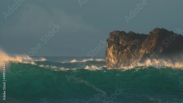 Fototapeta Slow motion drone video of ocean waves crashing the shore. Atlantic ocean