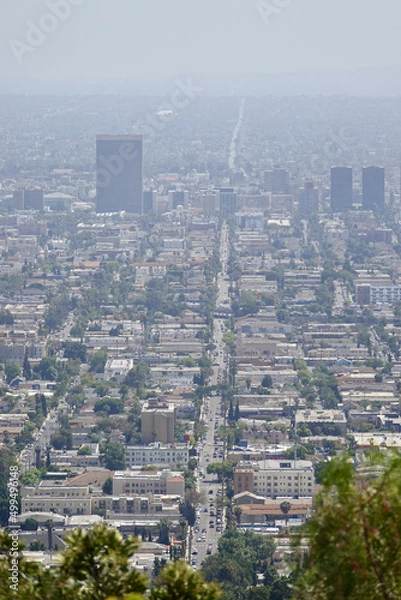 Fototapeta aerial view of downtown skyscrapers on a smoggy day