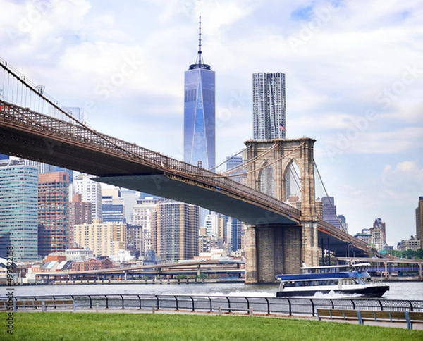 Fototapeta Beauty in bridges. Cropped shot of a large suspension bridge over a river.