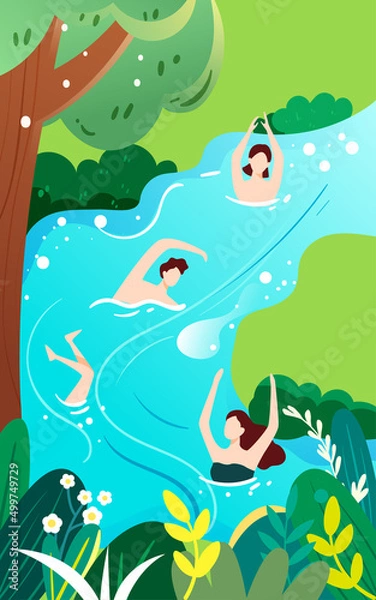 Obraz People swim in the river in summer to cool off the heat, vector illustration