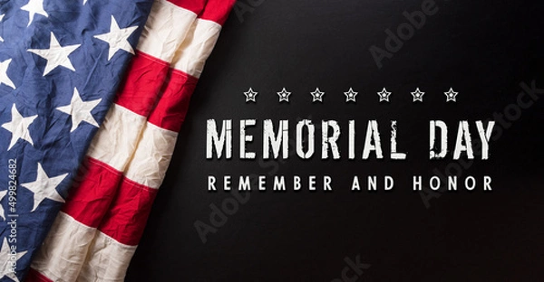 Obraz Happy memorial day concept made from American flag with the text on dark wooden background.