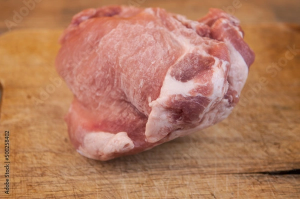 Obraz Raw pork meat cut piece set, on  wooden table background, top view flat lay, with copy space for text