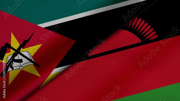 Fototapeta 3D Rendering of two flags from Republic of Mozambique and Republic of Malawi together with fabric texture, bilateral relations, peace and conflict between countries, great for background