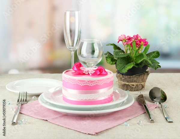 Fototapeta Romantic table serving on bright background