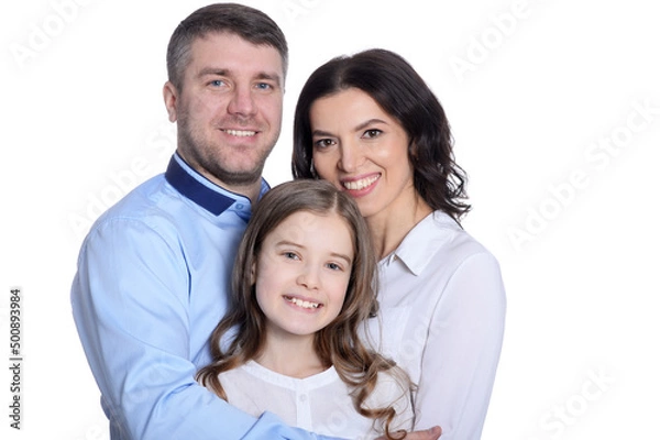 Fototapeta Happy family of three on white background