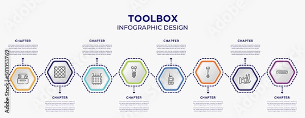 Fototapeta toolbox concept infographic template with 8 step or option. included wrench and nut, tile, garage screw, portable radio, repair wrench, school ruler icons for abstract background.