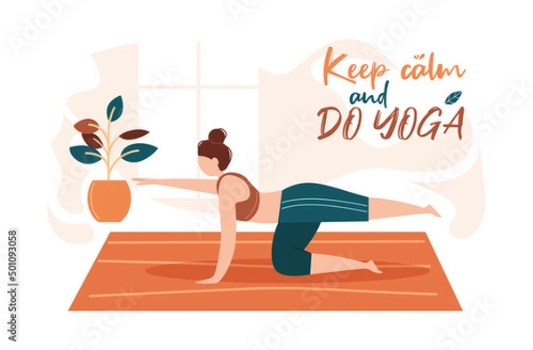 Fototapeta Keep calm and do yoga. Home yoga. Do sport at home. Flat illustration, banner.