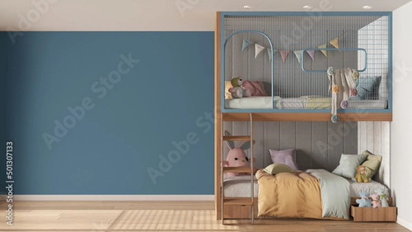 Fototapeta Children bedroom background with copy space in blue and pastel tones, parquet floor, wooden bunk bed with duvet, pillows, ladder and toys. Template mock-up interior design concept