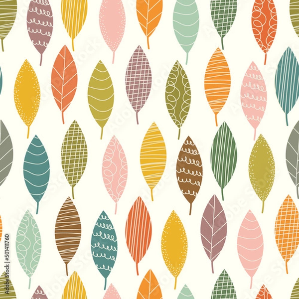 Fototapeta Seamless abstract pattern with colorful autumn graphic leaves