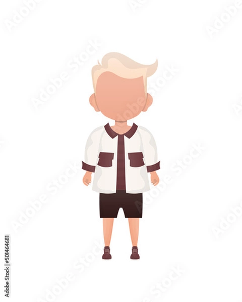 Fototapeta Fair-haired little boy, preschool age in a shirt and shorts. Isolated. Vector illustration in cartoon style.