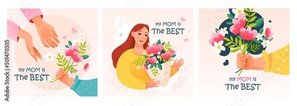 Obraz Mother's Day. A set of postcards for the best mom. Flowers and gifts for Mother's Day. Cute cartoon vector illustration