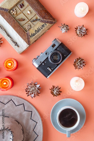 Fototapeta old camera. coffee hat, travel accessories. flat lay. tourist tour