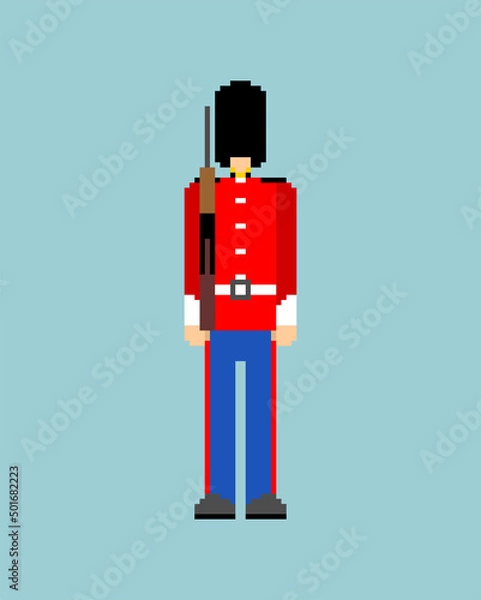 Fototapeta Beefeater British Royal Guardsman pixel art. 8 bit sentry grenadier in bear hat. pixelated Vector illustration