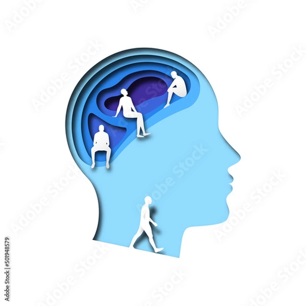 Fototapeta Papercut man head with people inside in realistic 3D paper cut style. Business teamwork design or mental health therapy illustration concept.