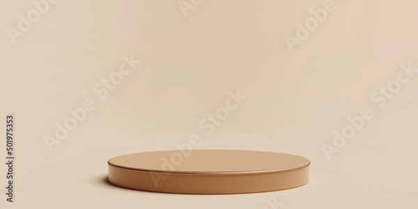 Fototapeta Beige 3d round podium with gold ring. Pedestal showcase mockup for beauty and cosmetics industry and product promotion. Realistic 3d high quality render.